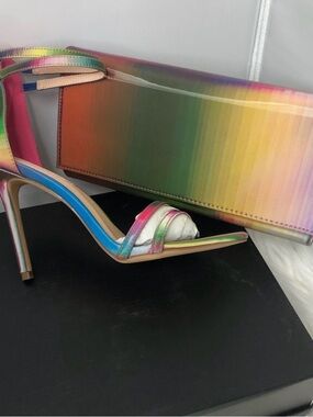 Women's Rainbow Gradient Strappy High Heel Sandals with Matching Clutch
